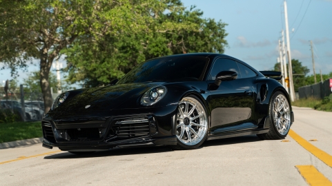 Porsche 992 Turbo S | Jet Black Metallic | on HRE S104SC | Polished Clear | Techart Aero Kit