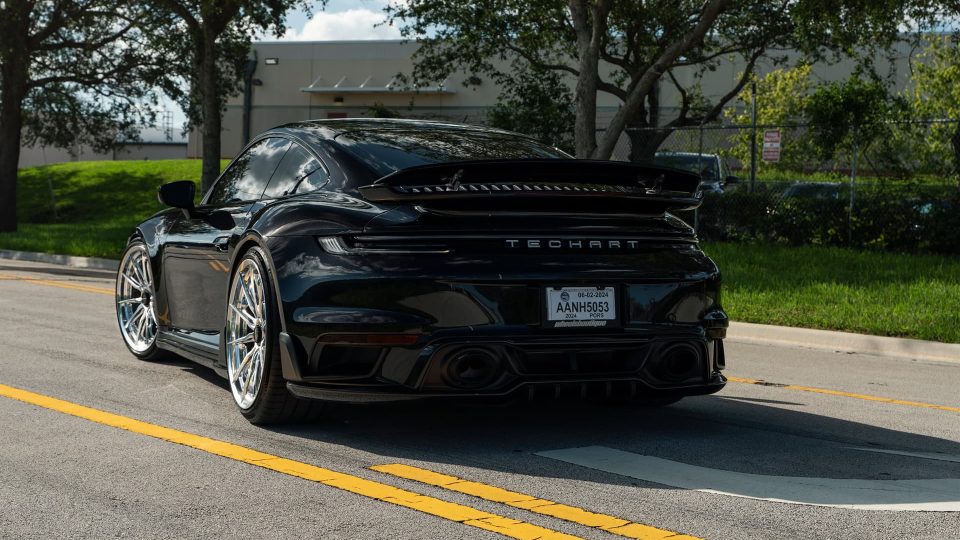 Porsche 992 Turbo S | Jet Black Metallic | on HRE S104SC | Polished Clear | Techart Aero Kit